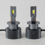 Two LED headlight bulbs with a modern design, including a cable with a plug on one end and a ballast on the other.