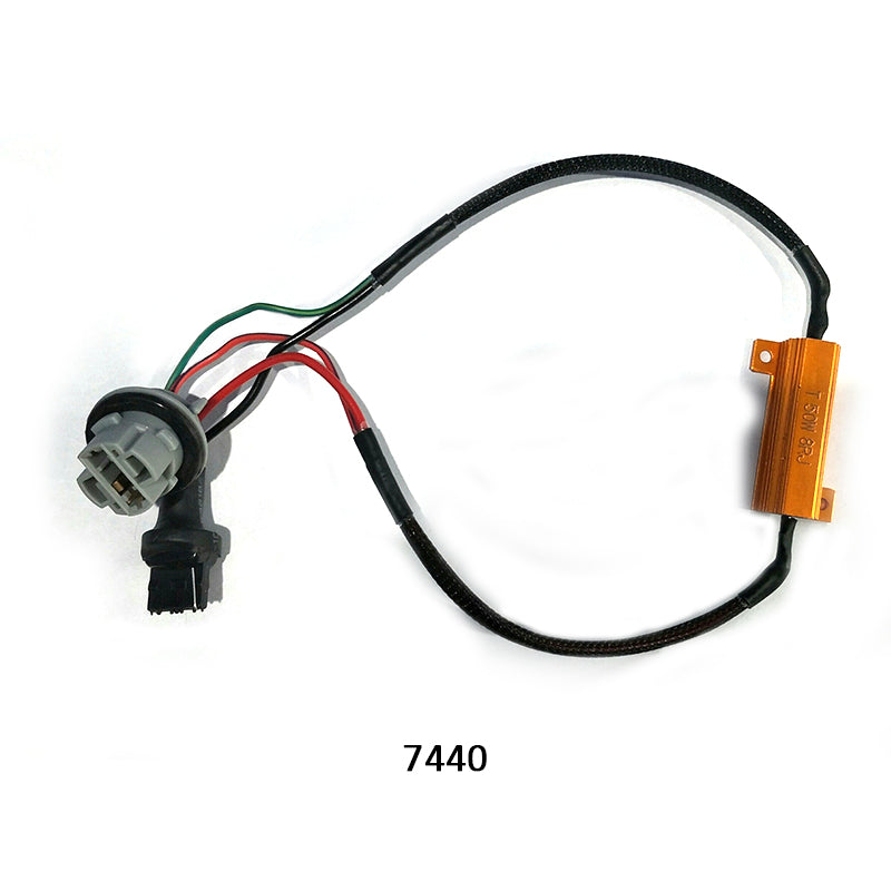 7440 LED resistor harness with pre-wired plug, heat sink resistor, and insulated wiring to fix hyper-flash and error codes in LED signal setups