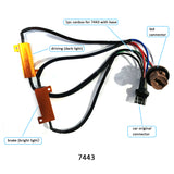 Labeled 7443 LED resistor harness showing connectors for brake and driving lights, CANbus base, OEM plug, and LED output connector