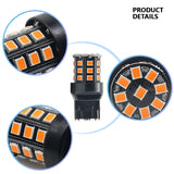 Close-up product detail views of amber 7443 front LED turn signal bulb, showing multiple diodes and lens design.