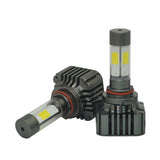 Pair of 9005 LED headlight bulbs with dual LED chips and black finned heat sinks for efficient cooling and high-output performance