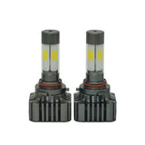 Straight-on view of two 9005 LED headlight bulbs featuring dual-sided LED chips and compact black heat sink housing