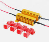 Pair of gold aluminum LED load resistors with red T-tap connectors, used to fix hyper-flash or bulb-out warnings in LED conversions