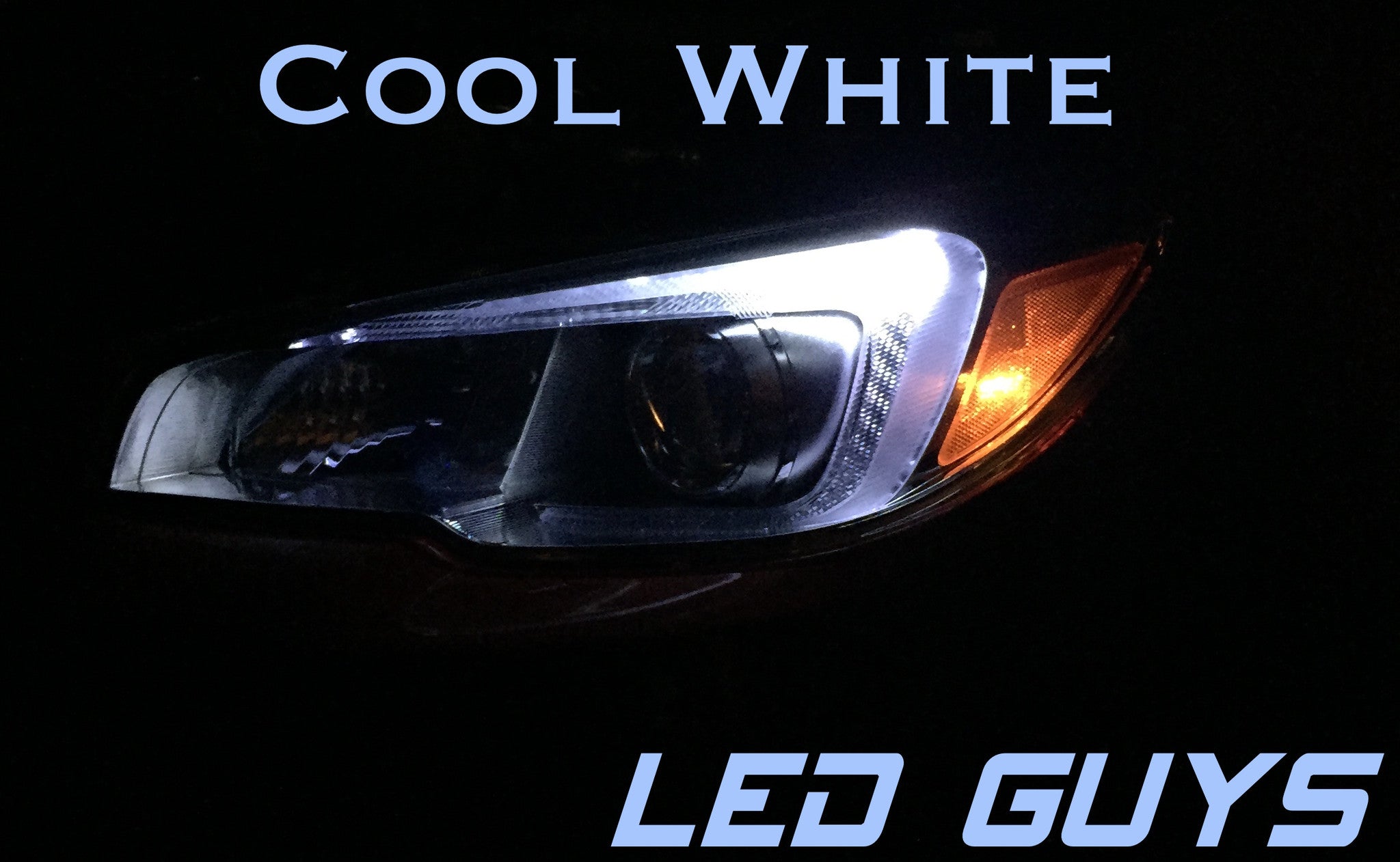 Cool white LED C-light installed in Subaru WRX headlight, glowing with a crisp white hue.