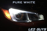 Close-up of Subaru WRX headlight with pure white LED C-light installed at night.